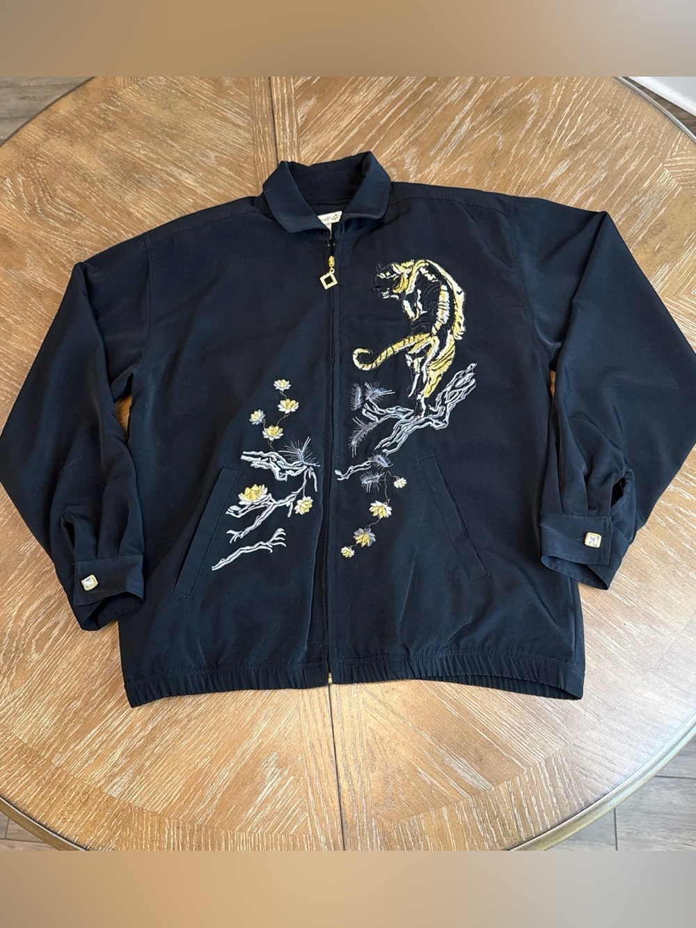 Vintage Mureli Black Embroidered Tiger Zip-Up Jacket with gold tone Accents